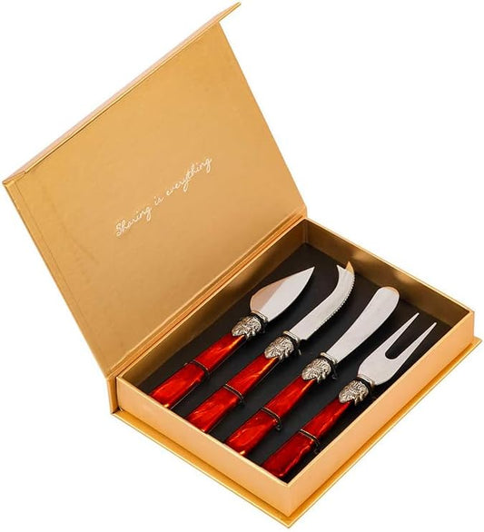 4-Piece Cheese Knive Set With Gift Box Stainless Steel Knife With Pearl Handle,Suitable For Parties And Festivalsfor Charcuterie Boards Accessories (Red)