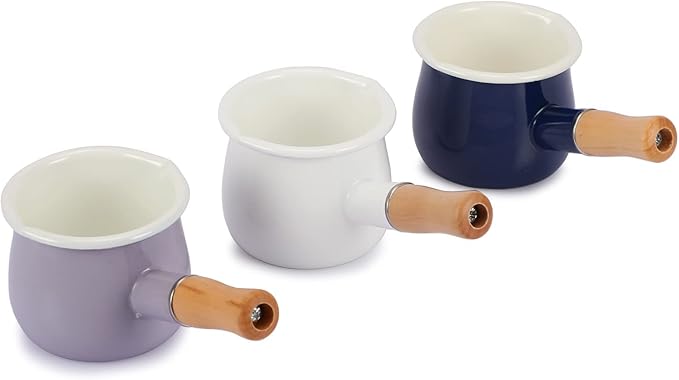 0.6qt Mini Enamel Milk Pot Insulated Wooden Handle 2 Pour Spouts Small Food Warmer Cute Saucepan(D015,White)