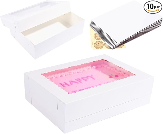 14x10x4 Inches 10 Pack Cake Boxes with Cake Boards,White Bakery Boxes for Quarter Sheet Cakes,Cupcakes,Donuts,Brownie&Pie