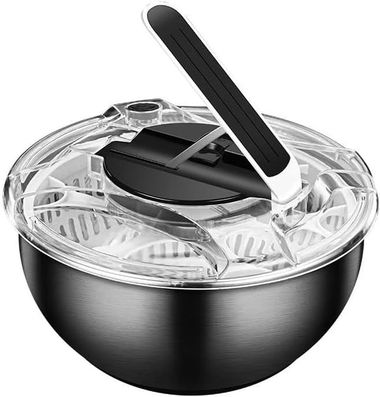Large Stainless Steel Pump Salad Spinner, with Bowl and Colander and Retractable Pusher and Brake Button - Quick and Easy Multi-Use Lettuce Spinner, Vegetable Dryer, Fruit Washer Spinner (Black, 3.5L)