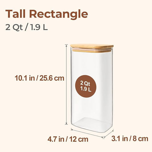 ComSaf 2 Qt Rectangle Glass Storage Containers with Lids, Glass Jars with Bamboo Lids, Clear Food Jar, Square Canister Set of 3, Pantry Organizers and Storage for Flour Pasta Coffee Bean