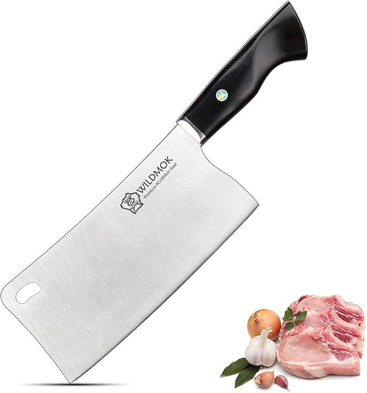 WILDMOK Chopping Knife, 7.3 Inch Meat Cleaver Knife, Thickened Blade for Bones Chopper, 9Cr18MoV Stainless Steel with Ebony Wood Handle - Fen Series