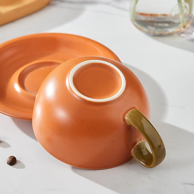 Vintage Design 12 oz Ceramic Latte Art Cappuccino Barista Cup with Saucer (Pumpkin Orange)