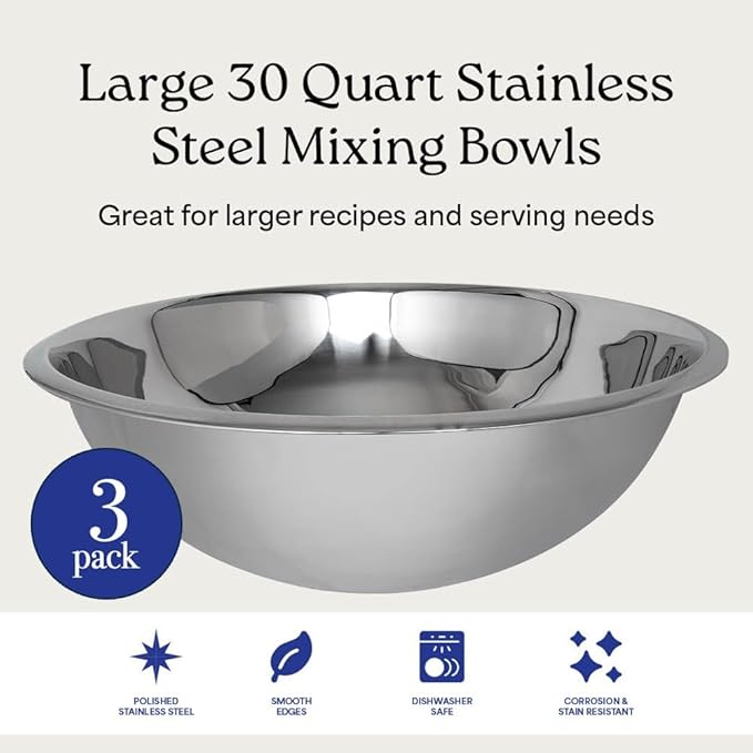 WHYSKO® Large Mixing Bowls, Set of 3 Stainless Steel 30 Quart Bowls for Restaurants, Food Service, Caterers and Home Kitchen Use, Rust Proof Bowls Great for Meal Prep, Baking, Serving, Food Storage