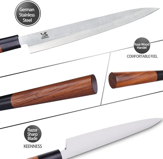 MSY BIGSUNNY 3pcs Sashimi Knives Set - Sushi Knife Set (3 in 1) - Stainless Steel - Brown