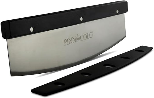 14 Inch Sharpenable Rocker Cutter with Wood Top - Stainless Steel Blade for Chopping and Slicing Vegetables, Meat, and Pizza