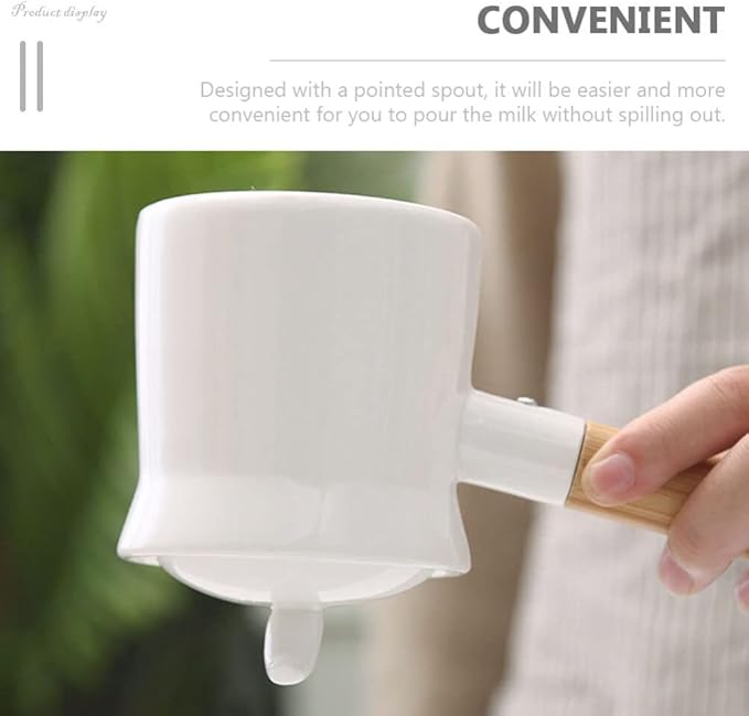Unomor Mini Sauce Pan Ceramic Milk Pan Porcelain Tea Pot with Lid Wooden Handle 350ml Butter Warmer Mini Cooking Pot Coffee Pitcher for Soup Drink Kung Fu Tea White
