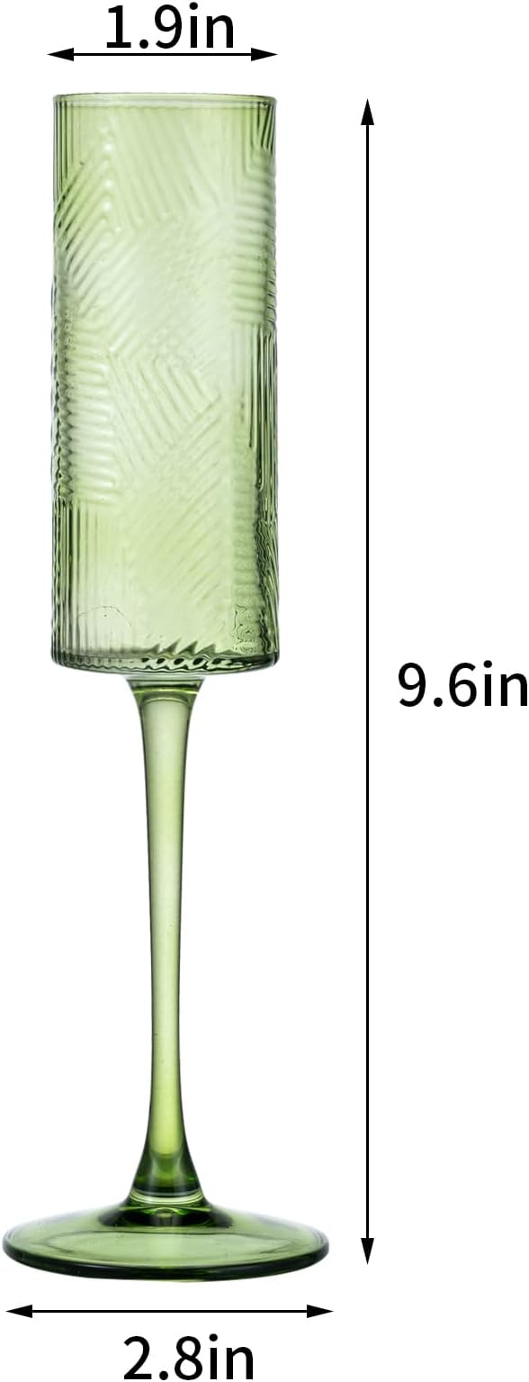 12 Pieces Green Champagne Flutes,6 OZ Twill Pattern Striped Vintage Stem Glasses Stemware Wine Glasses Champagne Long Stem Drinking Colored Glasses Goblets for Wedding Cocktail Cups,Cava, Prosecco