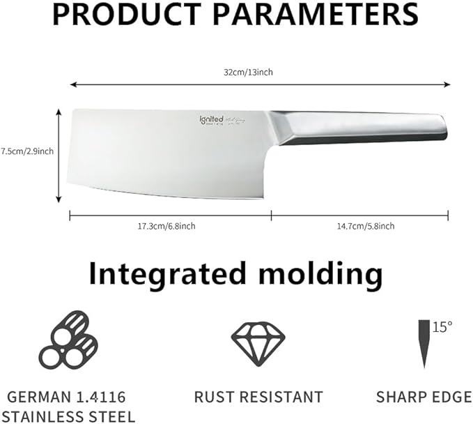 7 inch Meat Cleaver, One-piece All-Metal Cleaver Knife, German 1.4116 High Carbon Stainless Steel Kitchen Knife, Chinese Cleaver with Hollow Handle