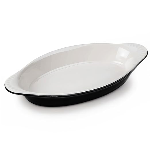 Tuxton China B4N-150 Welsh Rarebit, 17 oz., 10-5/8" x 5-1/2" x 1-1/2"H, Oval, Microwave and Dishwasher Safe, Oven Proof, Fully Vitrified, Ceramic, DuraTux, Black/Eggshell, Pack of 12