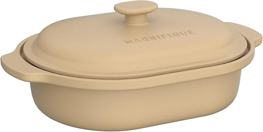 MAGNIFIQUE Casserole Dishes for Oven, 9x12 Porcelain Baking Dish, 4 Quarts Lasagna Pan with Handles and Lid, Oven Safe up to 500°F or on Stovetop, Use to Marinate, Cook, Bake, and Serve, Brown