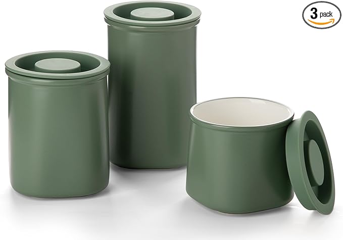 Nucookery Canisters Sets for the Kitchen Countertop, 3 Pcs Ceramic Jar with Silicone Lid, 40oz, 30oz, 20oz Food Storage Containers for Flour, Sugar, Coffee, Grains,Tea, Cookies, Dry Food Organization