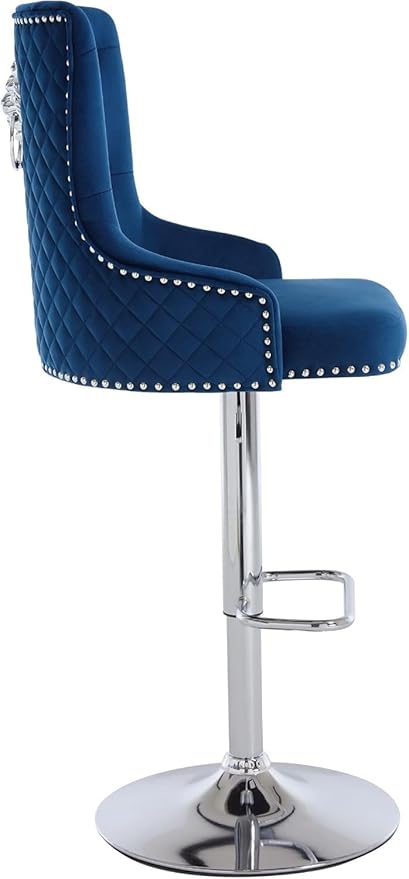 Velvet Adjustable Swivel Barstools Set of 2 with High Tufted Back, Modern Counter Height Stools with Chrome Base Footrest Pull Ring Rivet Trim for Kitchen, Dining Room, Pub (Dark Blue)
