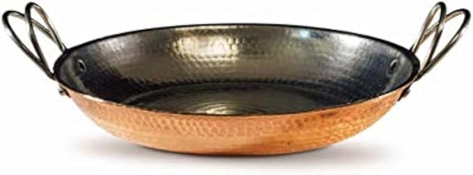 Sertodo Copper Alicante Paella style Cooking/Serving Pan, 10 Inch Diameter, Pure Copper, Heavy Gauge, Hand Hammered, Patented Stainless Steel Handles