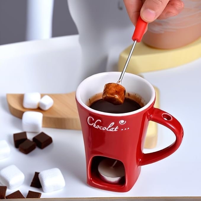 Chocolate Melting Mug Cheese Candy Mini Fondue Pot With Forks (Red)