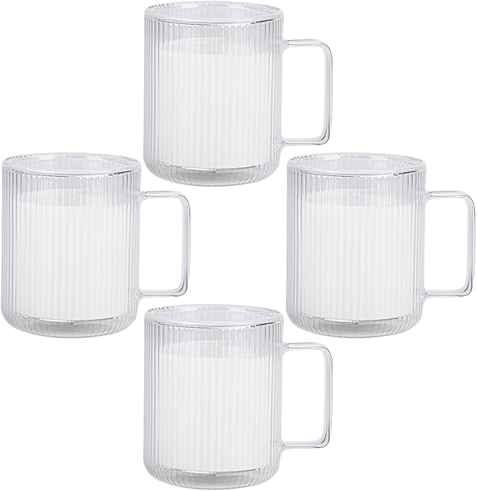 13.5oz Double Walled Glass Coffee Mug - Clear Ribbed Glassware with Handle, Perfect for Cappuccino, Latte, Cereal, Yogurt, Beer, Milk, and All Beverages (Set of 4)