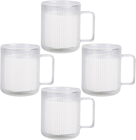 13.5oz Double Walled Glass Coffee Mug - Clear Ribbed Glassware with Handle, Perfect for Cappuccino, Latte, Cereal, Yogurt, Beer, Milk, and All Beverages (Set of 4)