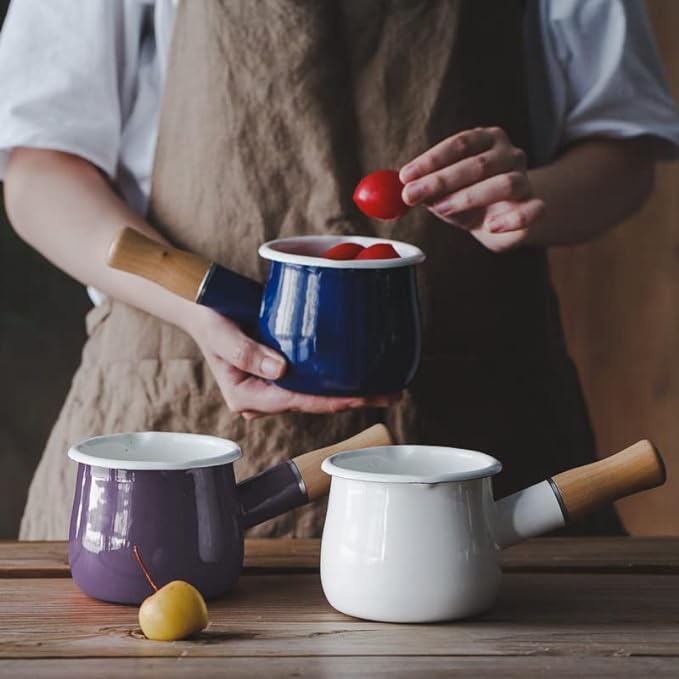 0.6qt Mini Enamel Milk Pot Insulated Wooden Handle 2 Pour Spouts Small Food Warmer Cute Saucepan(D015,White)