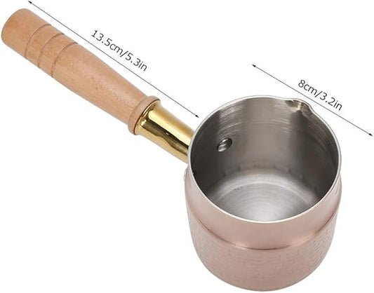 330ml Gold Stainless Steel Milk Pot With Wooden Handle - Flat Bottom Butter Melting Pan, Mini Sauce Warmer for Coffee and Chocolate