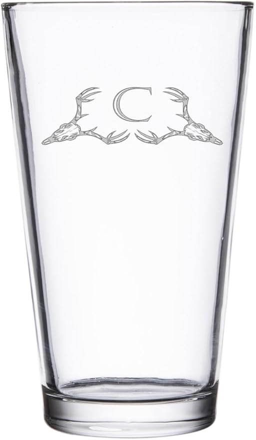 Hat Shark Deer Skull Letter Monogram Pint Beer Glass, 16 oz, Clear, A-Z Initials (1, Letter C)
