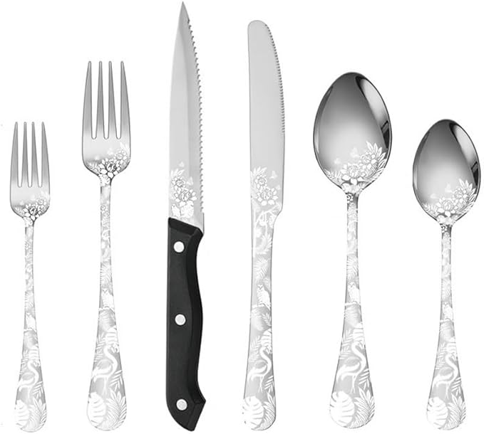 Premium 24 Piece Western Pattern Steak Knife,Fork and Spoon Set,Set for 4,Stainless Steel Cutlery Set with Gift-Ready Box,Dishwasher Safe, Ergonomic Design (Silver)