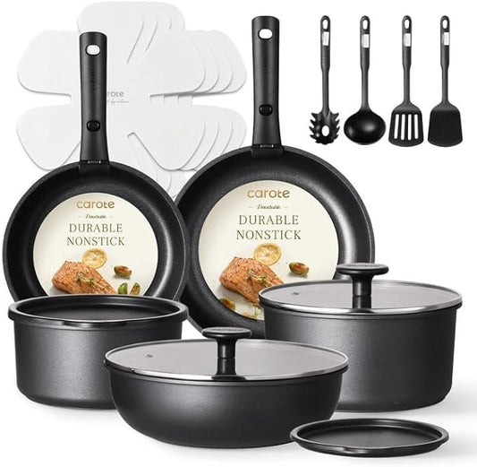 CAROTE 19Pcs Pots and Pans Set Non Stick, Cookware Set Detachable Handle, Nonstick Induction Kitchen Sets Non Stick with Removable Handle, RV Cook Ware, Oven Safe, Black
