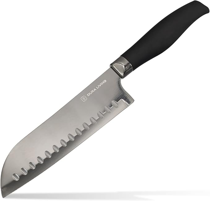 Santoku Knife - 7 Inch Black Nonstick Titanium Plated Stainless Steel Ultra Sharp Blade, With Ergonomic Comfort Grip Handle Asian Chef's Knife, With Matching Sheath