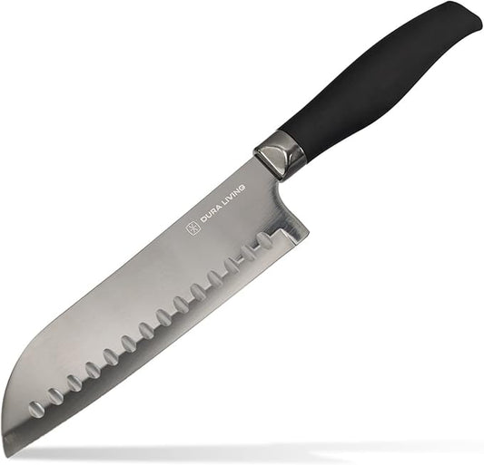 Santoku Knife - 7 Inch Black Nonstick Titanium Plated Stainless Steel Ultra Sharp Blade, With Ergonomic Comfort Grip Handle Asian Chef's Knife, With Matching Sheath