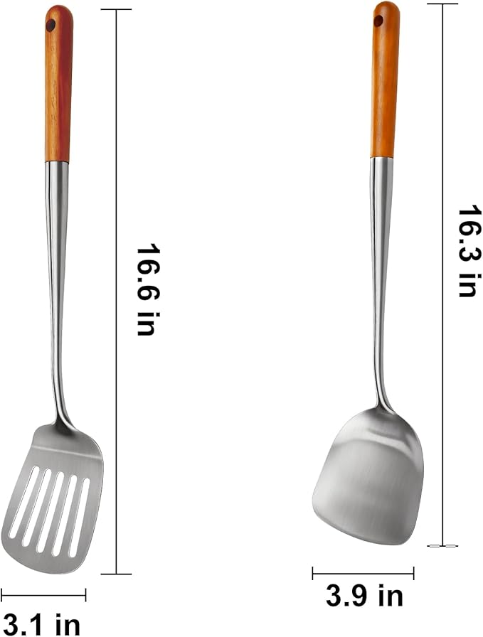 304 Stainless Steel Cooking Utensils Set with Wooden Handle, 2 PCS Metal Wok Spatula for Kitchen Use