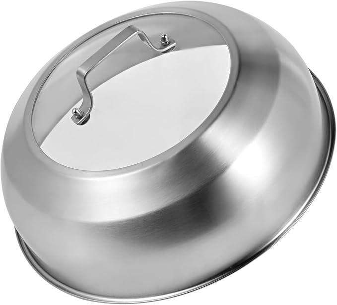 12.75 Inch Stainless Steel Basting Cover, Melting Dome for Griddle Cooking, Round Steaming Cover Lid with Tempered Glass Top and Steam Holes, Dishwasher Safe (12.75")