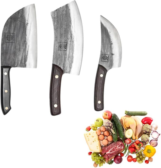 COOLINA Classic Trio Kitchen Knife Set – High-Carbon Steel, Includes Promaja Cleaver, Altomino Chef’s Knife & Butcher Knife, Full Tang, Ergonomic Handle, Precision Cutting for Meat & Vegetables