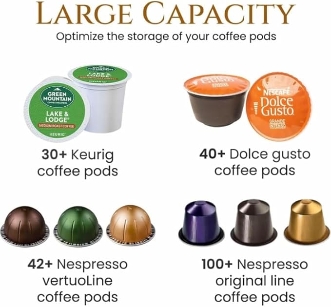Coffee Pod Holder - Large Capacity Black Wire K Cup Storage with Wooden Base - Modern Coffee Basket Decor for Kitchen Countertop for Keurig Kcups & Espresso Capsules