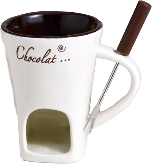 Multi functional ceramic chocolate hot pot cup set,fondue cup, portable and easy to use, suitable for candle heating, creative dessert tools, with fork Selection (white)