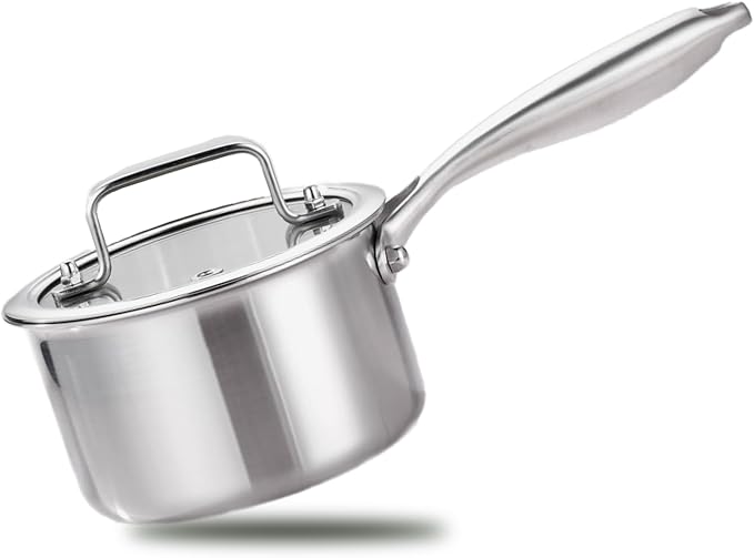 1 Quart Triple Stainless Steel Saucepan with Lid, Ramen Pot with Clear Glass Cover, Small Sauce Pan for Cooking Oatmeal, Induction-Ready, Dishwasher-Safe, Suitable for All Stoves