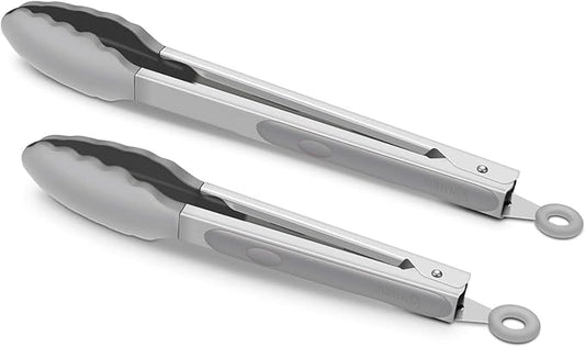 2 Pack Grey Kitchen Tongs, Premium Silicone BPA Free Non-Stick Stainless Steel BBQ Cooking Grilling Locking Food Tongs, 9-Inch & 12-Inch