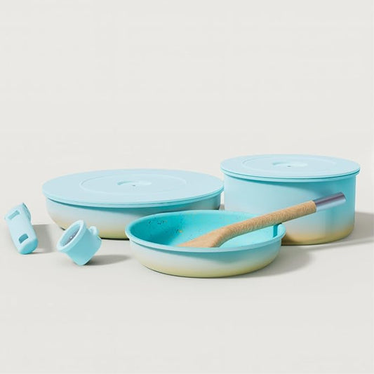Ombré Titanium Ceramic Cookware Set Non Toxic – 8 Pcs Non Stick Pots and Pans Set with Removable Handles, Magnetic Lid & Wooden Spatula for Cooking – Oven & Dishwasher Safe (Catalina Blue)