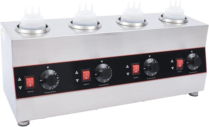 Electric Nacho Cheese Warmer Machine 4 Pot Commercial Hot Fudge Dispenser Stainless Steel Hot Chocolate Dispenser with 4 Sauce Squeeze Bottles for Cheese Caramel Jam Ketchup 640W (4 Pot)