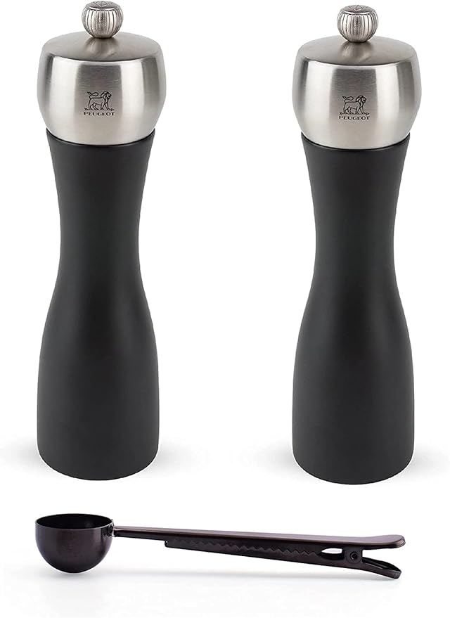 Peugeot Fidji Manual Beech Wood & Stainless Steel Salt & Pepper Mill Set With Black Stainless Steel Spice Scoop Made In France (Black, 8.25- Inch)