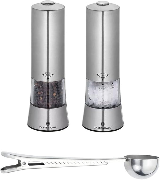 Zassenhaus "Gera" Electric Salt & Pepper Mill Gift Set, Silver - With Stainless Steel Spice Scoop & Clip