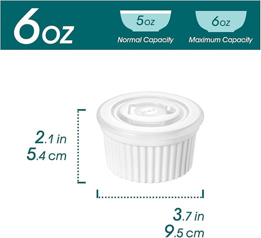 vancasso 6 oz Ramekins with Lid, Porcelain Creme Brulee Souffle Dishes, White Pudding Custard Cups Ramiken for Baking, Dishwasher and Oven Safe, Set of 6