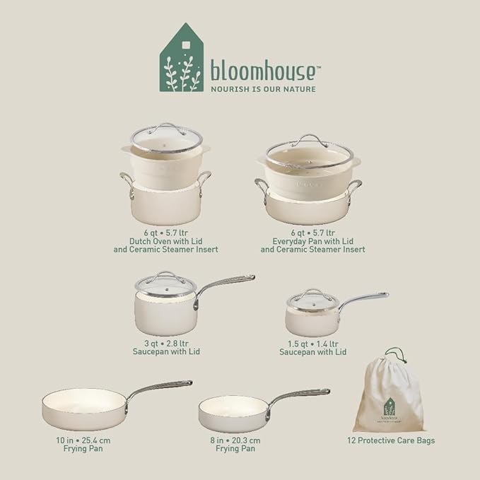 Bloomhouse 12 Piece Aluminum Pots and Pans Cookware Set w/Non-toxic Ceramic Non-stick, Ceramic Steamer Insert, & 12 Protective Care Bags - Oat White