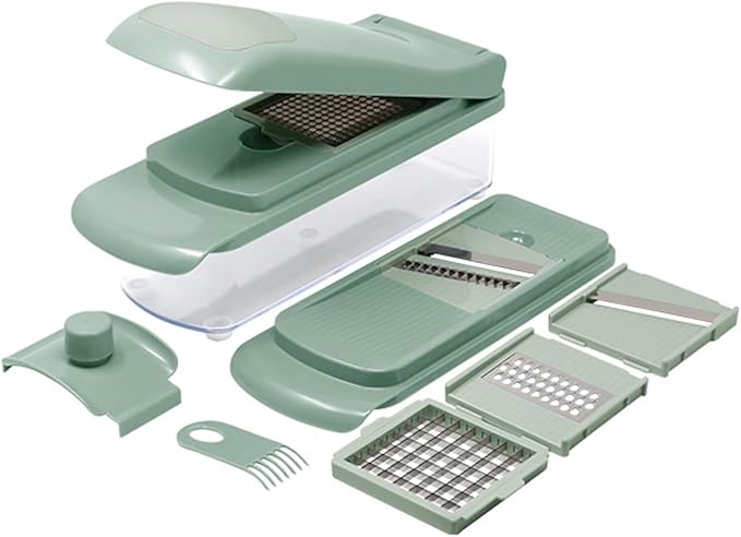 10-Piece Vegetable Chopper, Spiralizer, Slicer – Multi-Functional Chopper & Slicer with 5 Blades, Food Storage Container and Hand Guard – Ideal for Vegetables, Fruits & More - Green