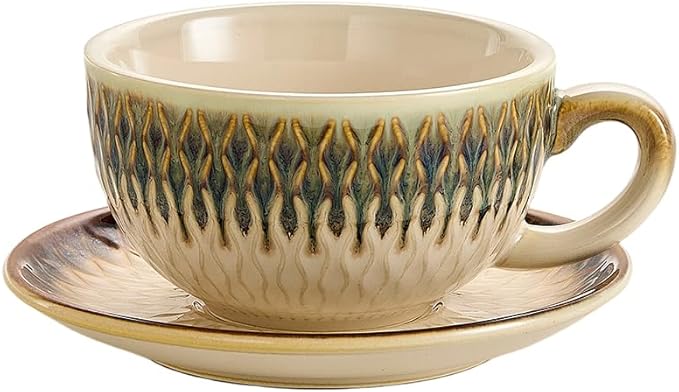 Vintage Design 12 oz Ceramic Latte Art Cappuccino Barista Cup with Saucer (Embossed Vintage)