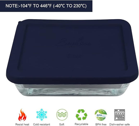 Sophico 6 Cup Rectangle Silicone Storage Cover Lids Replacement for Pyrex 7211-PC Glass Bowls, Container not Included (Navy Blue)