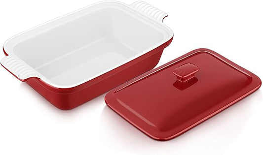 vancasso Blossom Casserole Dish With Lid, 12x7 Lasagna Pan Deep with Lid, 1.9 Quart baking dish with lid Ceramic Casserole Dish Set, Oven, Microwave Safe, Red