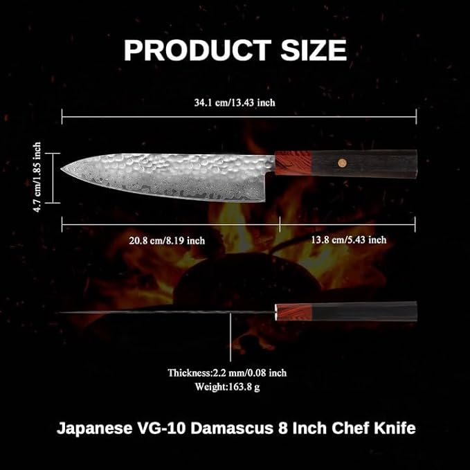 Professional 8 inch Japanese Chef Knife,67 Layers Damascus VG-10 Super Steel Cutting Core - Ultra Sharp Hammered Chef's Knife