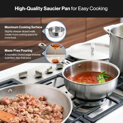 Misen 5-Ply Stainless Steel Saucier with Lid– Induction-Compatible Pan with Curved Sides for Smooth Stirring - Oven Safe to 800F – Even Heat Distribution & Ergonomic Handle - 1.5 QT
