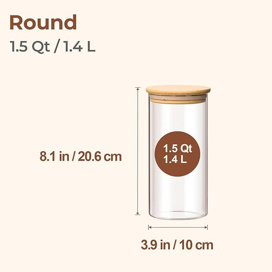 ComSaf Airtight Glass Storage Canister with Wood Lid(1.5 Qt), Set of 3 Glass Jars with Lids, Clear Food Storage Container Jar with Sealing Lids for Dry Food Cereal Oat Sugar Tea Coffee Beans, Round