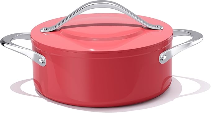 Stock Pot 4.5qt Dutch Oven with Lid (9.5") Nonstick Ceramic Coated Non-Toxic PFAS-Free Even Heat Distribution for Braising, Baking Bread & Soups, Compatible for All Cooktops(Induction/Gas/Electric) Oven Safe to 500ยฐF (Fusion Red)
