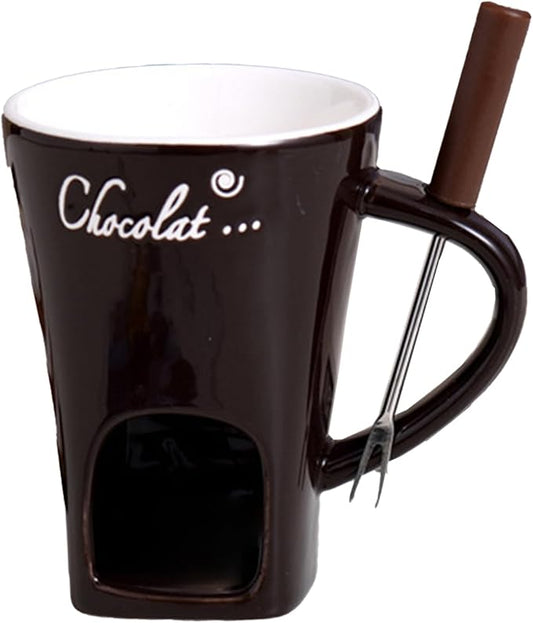 Multi functional ceramic chocolate hot pot cup set,fondue cup, portable and easy to use, suitable for candle heating, creative dessert tools, with fork Selection (brown)